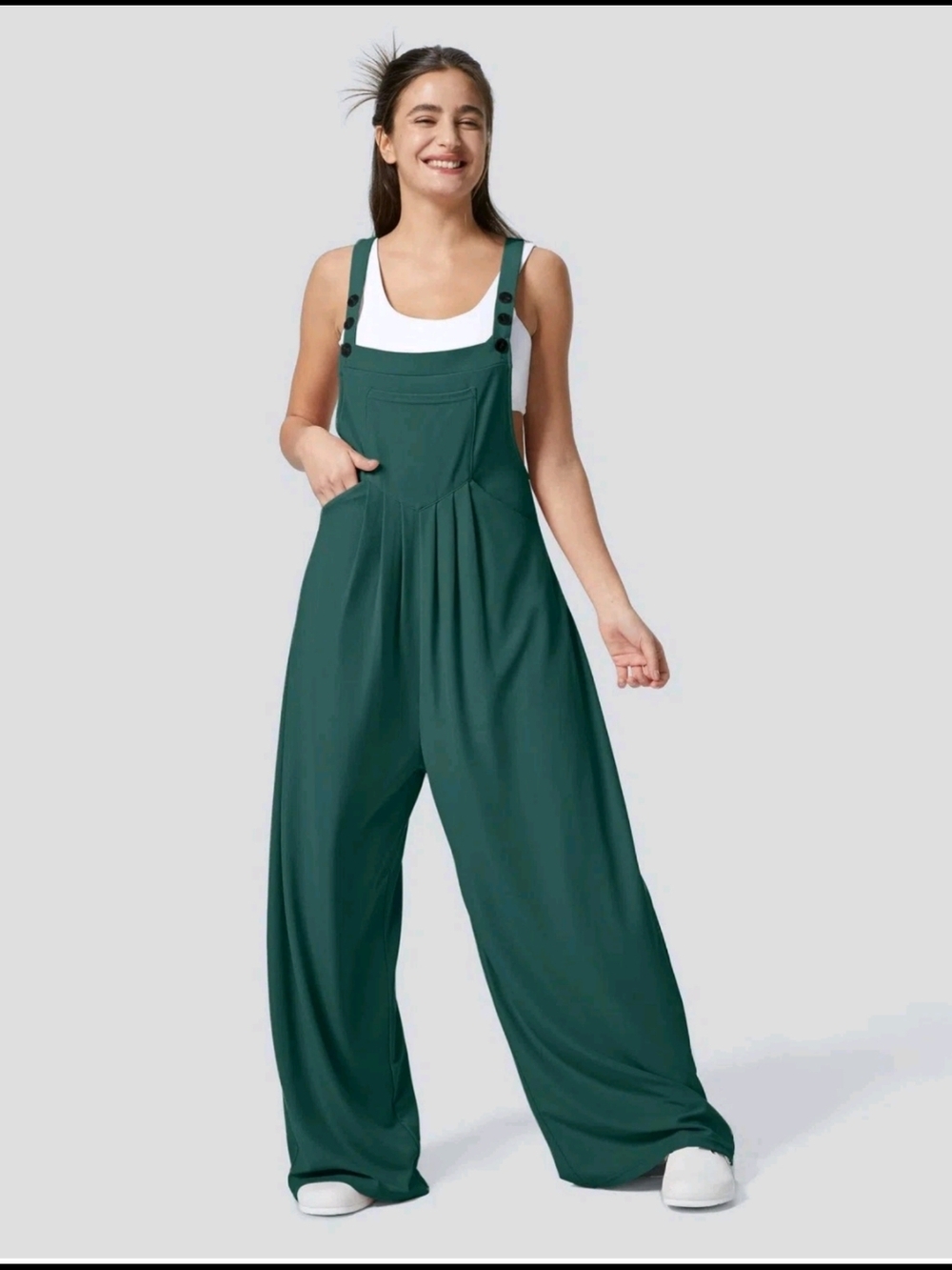 Halara Pocket Waffle Casual Wide-Leg Dark Green Overalls Jumpsuit